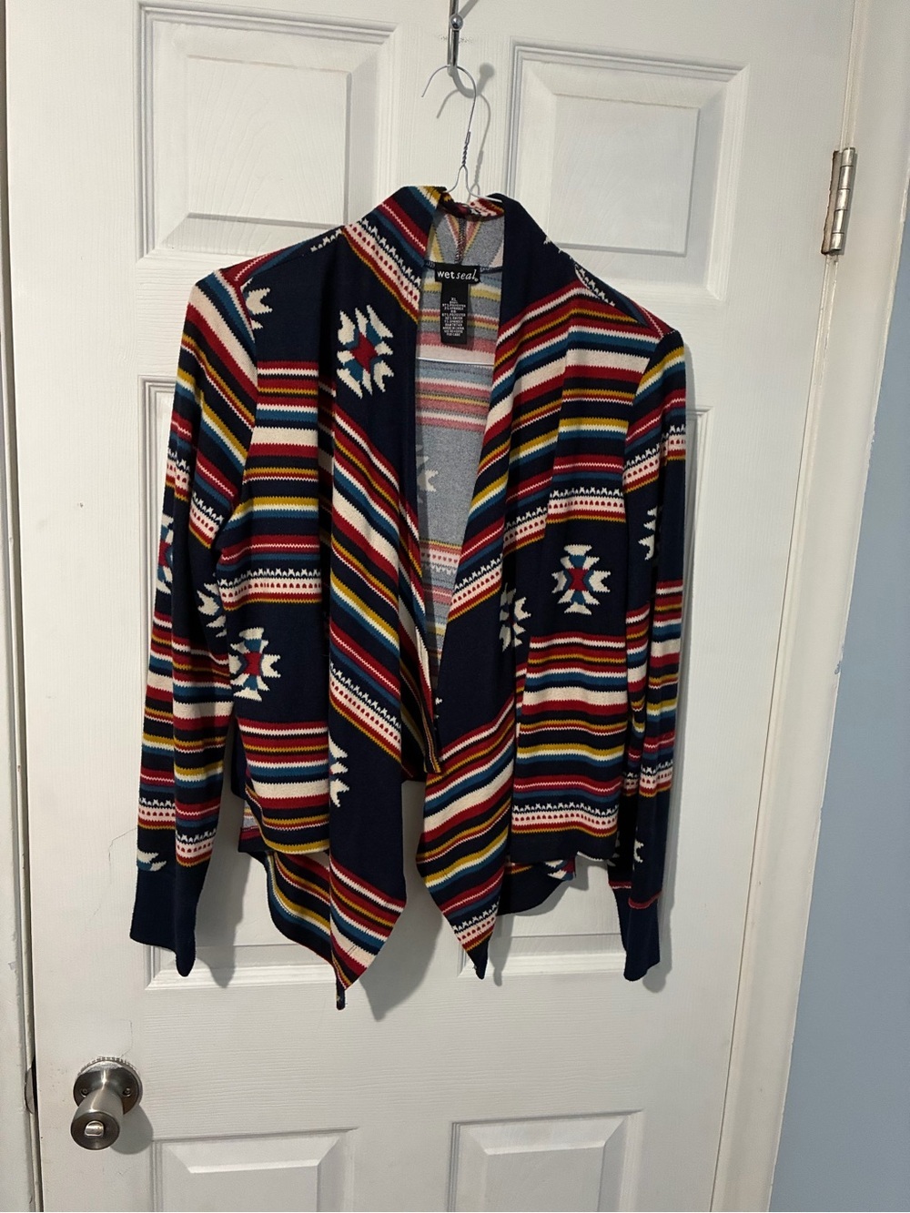 Wet Seal Navy Multicolor Striped Aztec Open Cardigan
